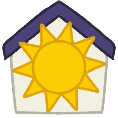  a white building with a pointed purple roof. the building has a large yellow sun drawn in front of it